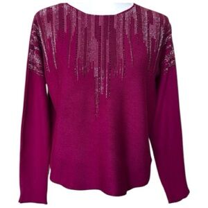 Ember Burgundy Sweater Drop Sleeve Tight Knit Cascading Rhinestone Details Sz M